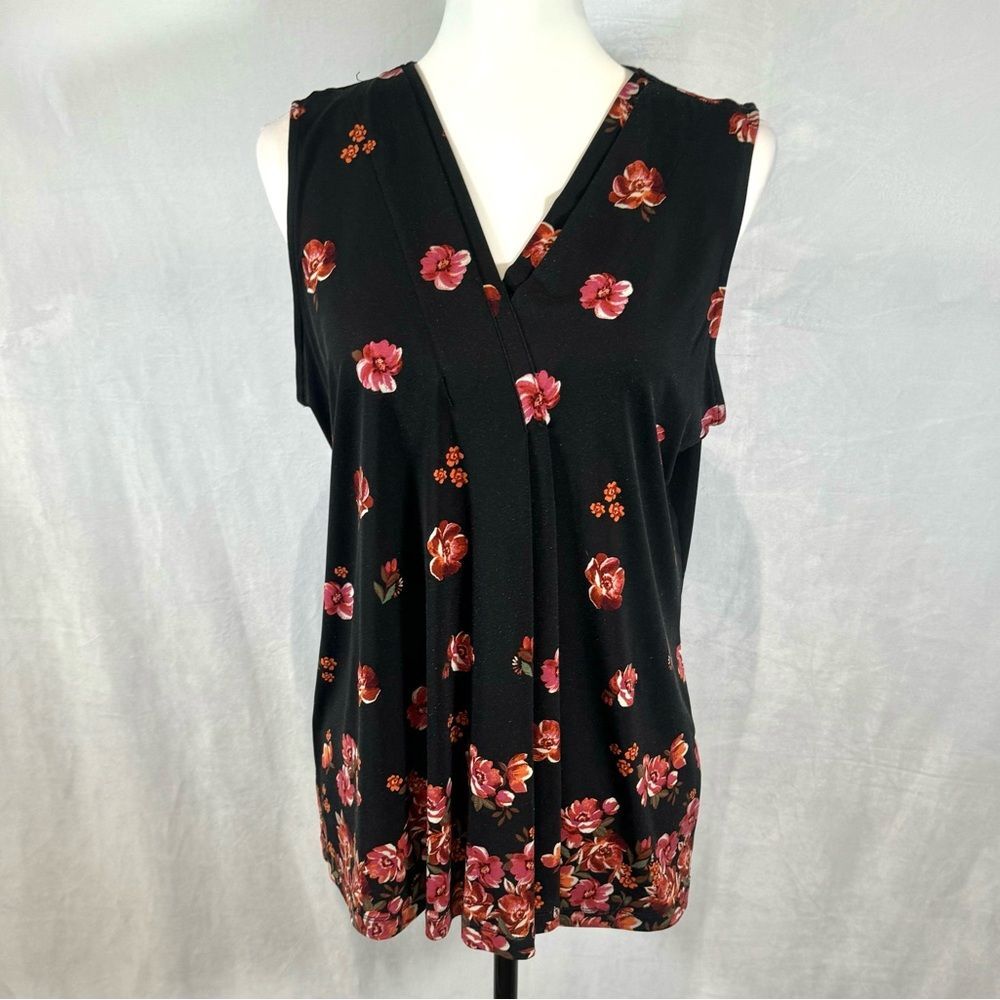 Croft & Barrow black and red double pleated vneck floral top size medium